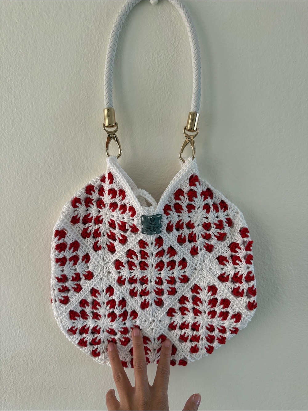 Handmade White & Red Crochet Shoulder Bag